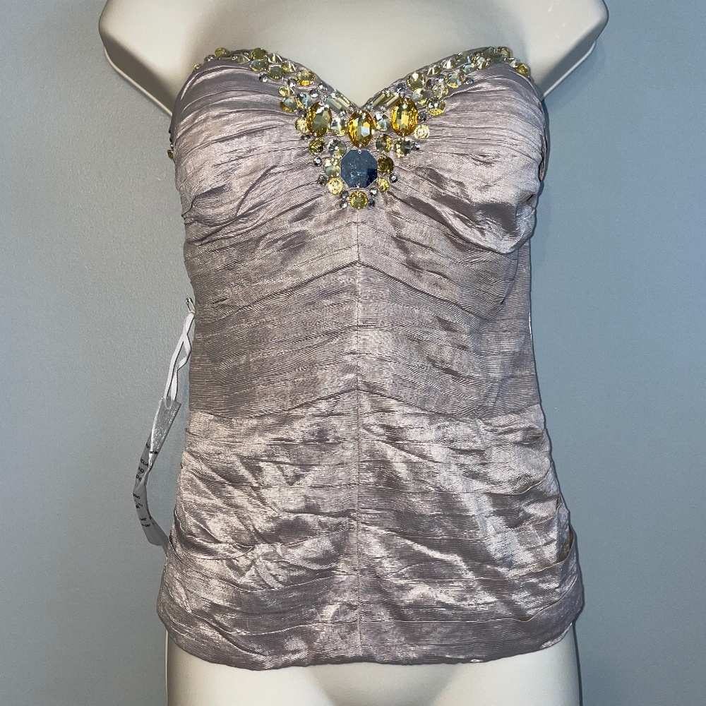 NWOT Bebe Bustier Corset Strapless Top Metallic Cream Jeweled Size Medium